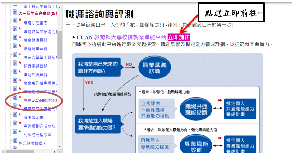 步驟一：於校務資訊系統新生報到選單點選「填寫UCAN職涯評測」，再點選 UCAN 平台「立即前往」